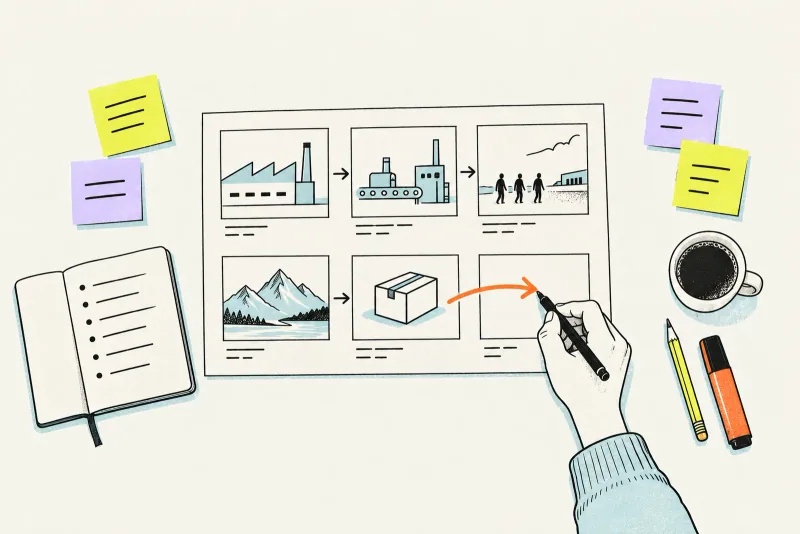 Illustration of a desk with a storyboard, sticky notes and a planning notebook