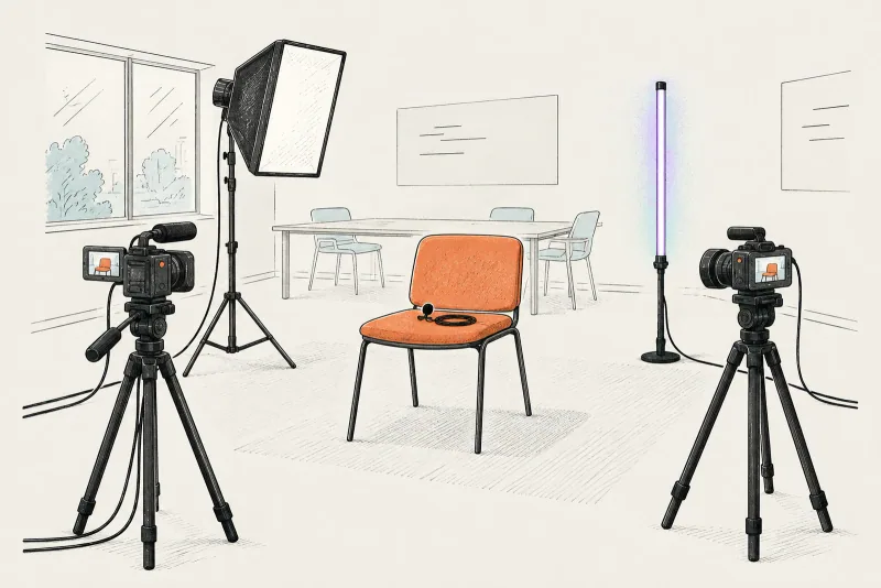 Illustration of a meeting room set up with two cameras, lights and a microphone for an interview