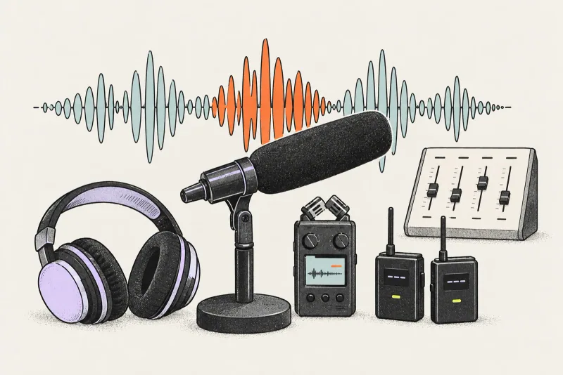 Illustration of a microphone, headphones, an audio recorder and a large sound waveform