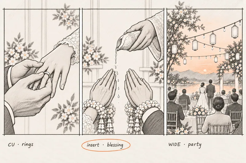 ภาพร่างสตอรีบอร์ด 3 ช่อง ไม่ใช่ผลงาน: มือสวมแหวน พิธีรดน้ำสังข์บนมือคู่บ่าวสาวพร้อมพวงมาลัย และแขกในงานใต้โคมไฟ